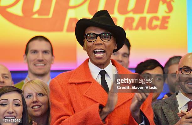 Personality RuPaul rings the closing bell at NASDAQ MarketSite on February 24, 2014 in New York City.
