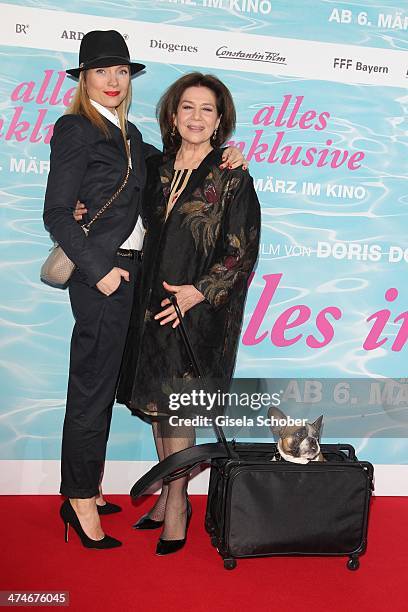 Nadja Uhl, Hannelore Elsner and dog Chica attend the German premiere of the film 'Alles Inklusive' at Mathaeser Filmpalast on February 24, 2014 in...