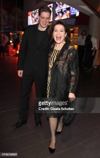 Hannelore Elsner and son Dominik Wedel attend the German premiere of the film 'Alles Inklusive' at Mathaeser Filmpalast on February 24, 2014 in...