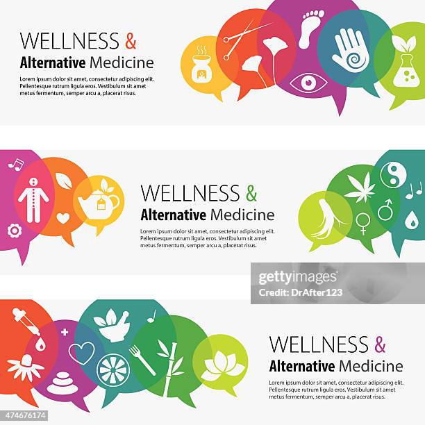 ilustraciones, imágenes clip art, dibujos animados e iconos de stock de medicina alternativa banners y grupo de iconos - wellness