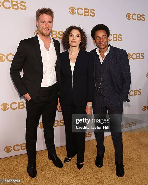 Jake McDorman, Mary Elizabeth Mastrantonio, and Hill Harper attend the 2015 CBS Upfront at The Tent at Lincoln Center on May 13, 2015 in New York...