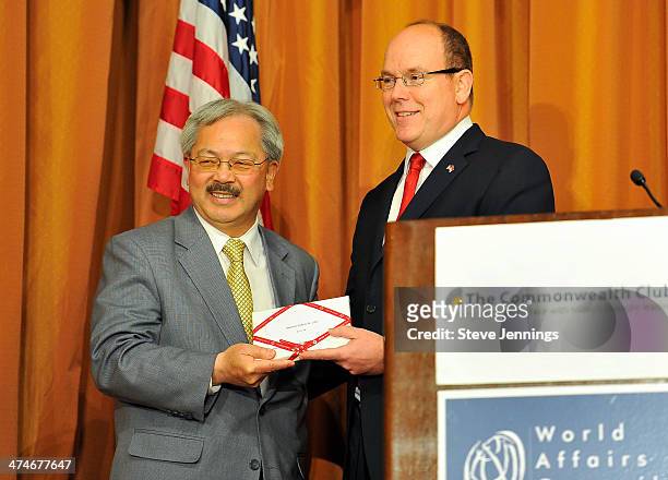 His Serene Highness Prince Albert II of Monaco presents a gift to San Francisco Mayor Ed Lee at the Commonwealth Club audience at the International...