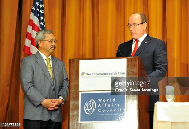 His Serene Highness Prince Albert II of Monaco and Mayor Ed Lee attend the Commonwealth Club audience at the International Mark Hopkins Hotel on...