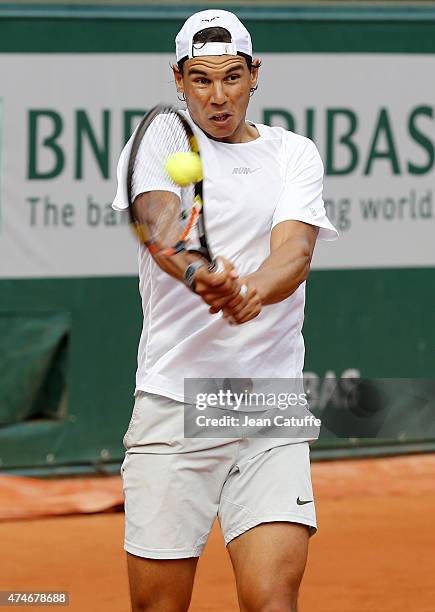 Rafael Nadal of Spain is practicing prior to the French Open 2015 at Roland Garros stadium on May 22, 2015 in Paris, France.