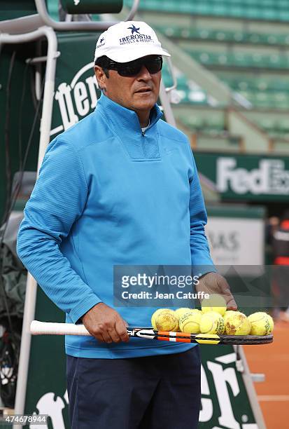 Toni Nadal, coach of his nephew Rafael Nadal directs a practice session prior to the French Open 2015 at Roland Garros stadium on May 22, 2015 in...