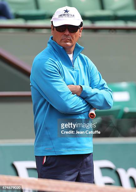 Toni Nadal, coach of his nephew Rafael Nadal directs a practice session prior to the French Open 2015 at Roland Garros stadium on May 22, 2015 in...
