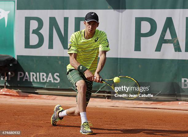 Kimmer Coppejans of Belgium in action during the qualifying of the French Open 2015 at Roland Garros stadium on May 22, 2015 in Paris, France.