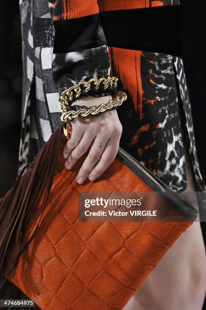 Model walks the runway during the Just Cavalli Ready to Wear Fall/Winter 2014-2015 show as a part of Milan Fashion Week Womenswear Autumn/Winter on...