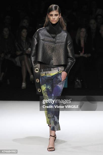 Model walks the runway during the Just Cavalli Ready to Wear Fall/Winter 2014-2015 show as a part of Milan Fashion Week Womenswear Autumn/Winter on...