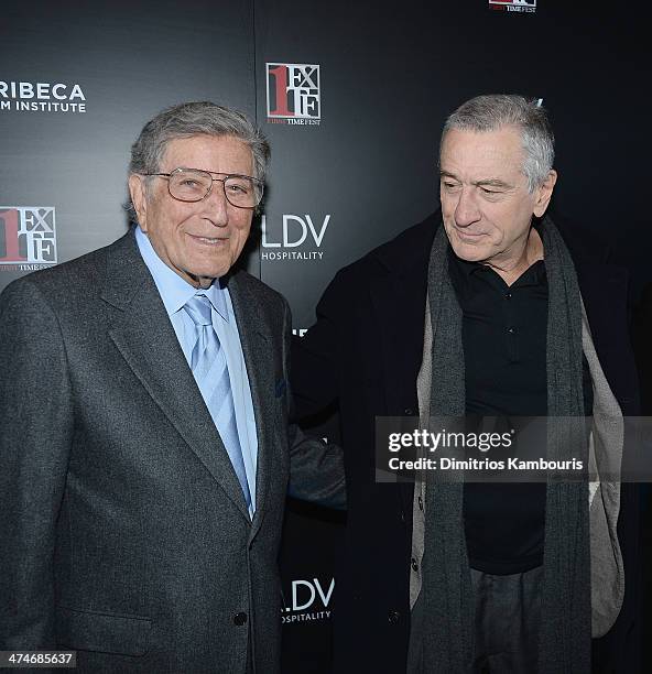 Tony Bennett and Robert De Niro attend Tribeca Film Istitute's 20th Anniversary Benefit Screening Of "A Bronx Tale" at Village East Cinema on...