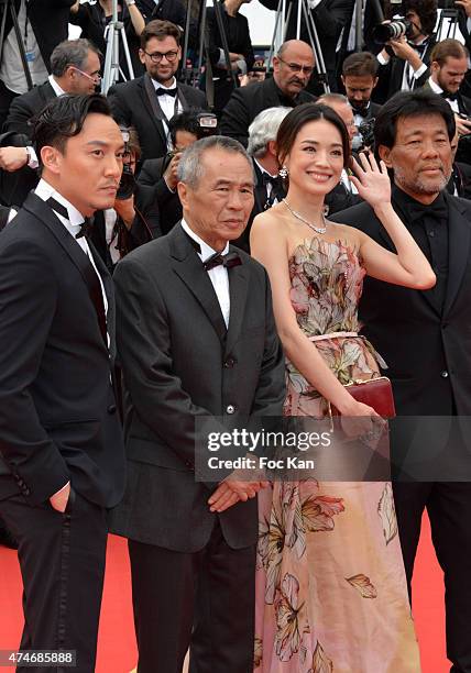 Actor Chang Chen, director Hou Hsiao-Hsien and actress Shu Qi attend the closing ceremony and Premiere of 'La Glace Et Le Ciel' during the 68th...