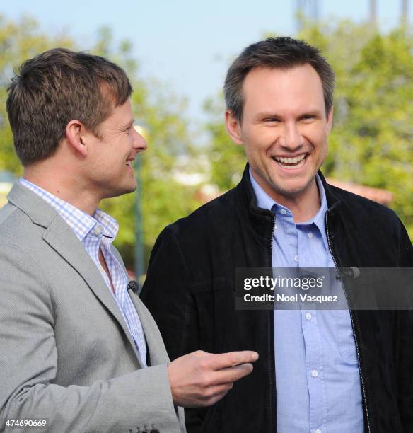 Christian Slater and Steve Zahn visit "Extra" at Universal Studios Hollywood on February 24, 2014 in Universal City, California.