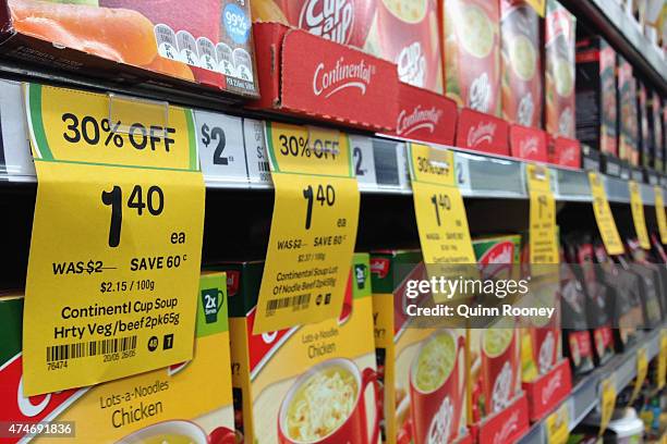 Products on display at Woolworths supermarket on May 25, 2015 in Melbourne, Australia. In a bid to regain its title as Australia's distinguished...