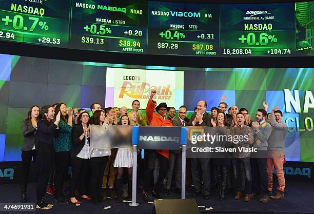 Personality RuPaul rings the closing bell at NASDAQ MarketSite on February 24, 2014 in New York City.