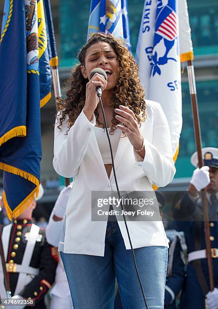 Vocalist Jordin Sparks sings the National Anthem during the 2015 Indy 500 at Indianapolis Motorspeedway on May 24, 2015 in Indianapolis, Indiana.