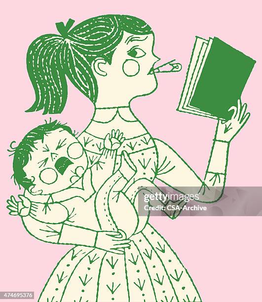 girl reading book while holding baby - mother crying stock illustrations