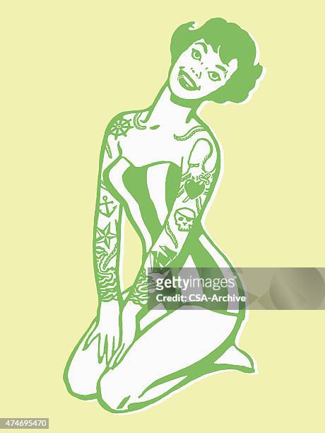pinup with tattoos - pin up girl tattoo stock illustrations