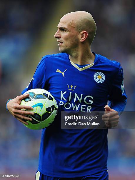 Esteban Cambiasso of Leicester City prepares to take a corner during the Premier League match between Leicester City and Queens Park Rangers at The...