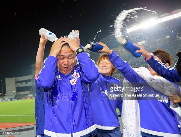 Head coach Norio Sasaki is celebrated his birthday by his players after the women's soccer international friendly match between Japan and New Zealand...