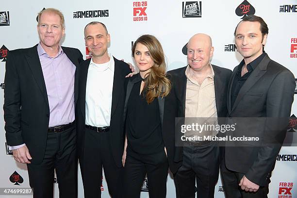 Noah Emmerich, Joel Fields, Keri Russell, Joe Weisberg, and Matthew Rhys attend "The Americans" season 2 premiere at the Paris Theater on February...