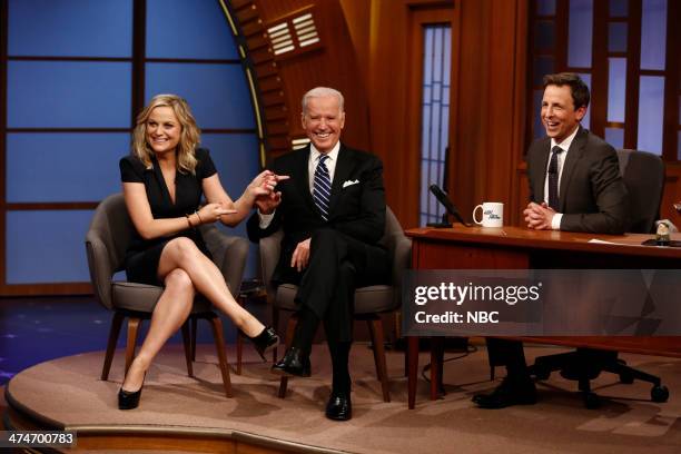 Episode 0001 -- Pictured: Actress Amy Poehler and Vice President Joe Biden during an interview with host Seth Meyers on February 24, 2014 --