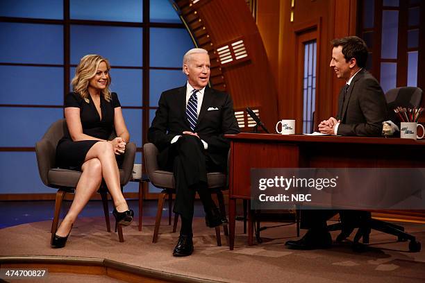 Episode 0001 -- Pictured: Actress Amy Poehler and Vice President Joe Biden during an interview with host Seth Meyers on February 24, 2014 --