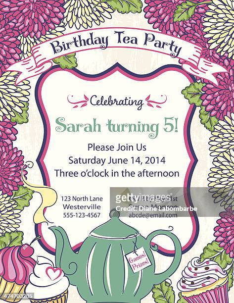 stockillustraties, clipart, cartoons en iconen met tea party invitation template - tea and cupcakes