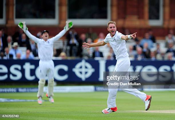 Stuart Broad of England appeals for the wicket of Ross Taylor of New Zealand during day five of the 1st Investec Test Match between England and New...