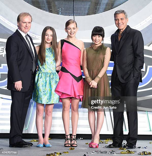 Director Brad Bird, Raffey Cassidy, Britt Robertson, Mirai Shida and George Clooney attend the Tokyo premiere of "Tomorrowland" at Roppongi Hills on...