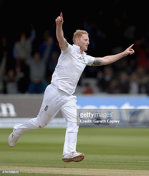 Ben Stokes of England celebrates dismissing Brendon McCullum of New Zealand during day five of 1st Investec Test match between England and New...