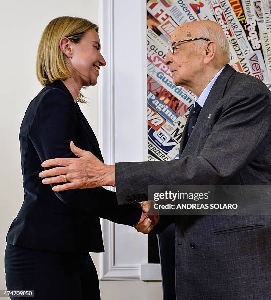 European Union Foreign Policy chief Federica Mogherini receives the 2015 prize of the Institute for International Policy Studies from the hands of...
