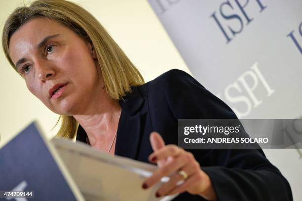 European Union Foreign Policy chief Federica Mogherini speaks after being awarded with the 2015 prize of the Institute for International Policy...