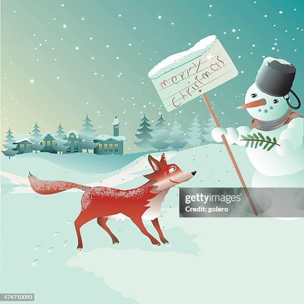 stockillustraties, clipart, cartoons en iconen met fox and snowman in the winter night - verkeersbrigadier