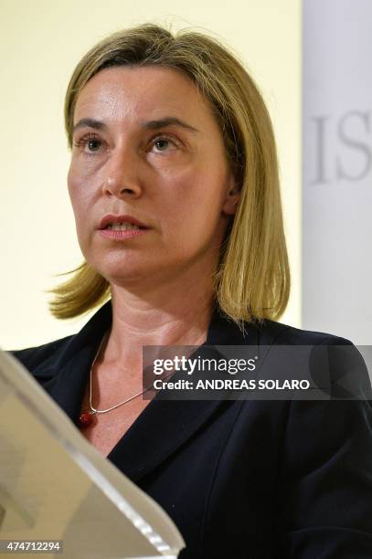 European Union Foreign Policy chief Federica Mogherini speaks after being awarded with the 2015 prize of the Institute for International Policy...