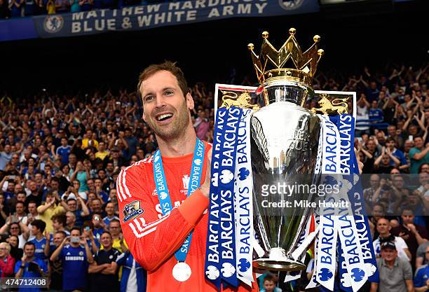 Petr Cech of Chelsea celebrates with the trophy after the Barclays Premier League match between Chelsea and Sunderland at Stamford Bridge on May 24,...