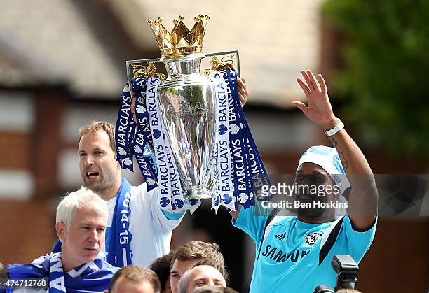 Petr Cech and Didier Drogba of Chelsea lift the premier league trophy duing the Chelsea FC Premier League Victory Parade on May 25, 2015 in London,...