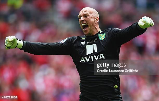 John Ruddy of Norwich City celebrates as Cameron Jerome of Norwich City scores their first goal during the Sky Bet Championship Playoff Final between...