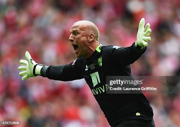 John Ruddy of Norwich City celebrates as Nathan Redmond of Norwich City scores their second goal during the Sky Bet Championship Playoff Final...