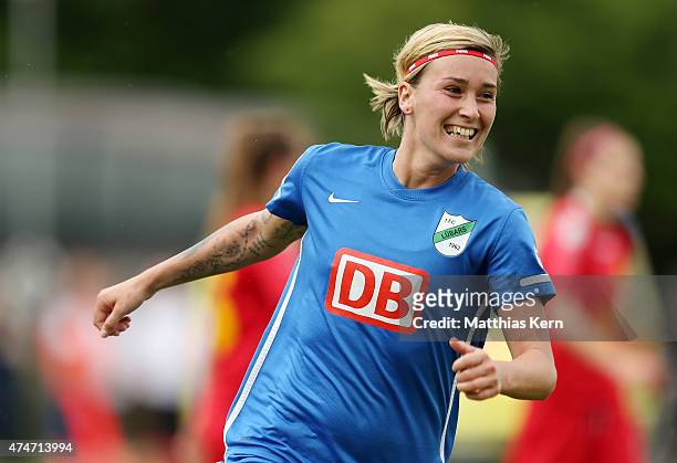 Erika Szuh of Luebars jubilates after scoring the third goal during the Women's Second Bundesliga match between FFV Leipzig and 1.FC Luebars at...