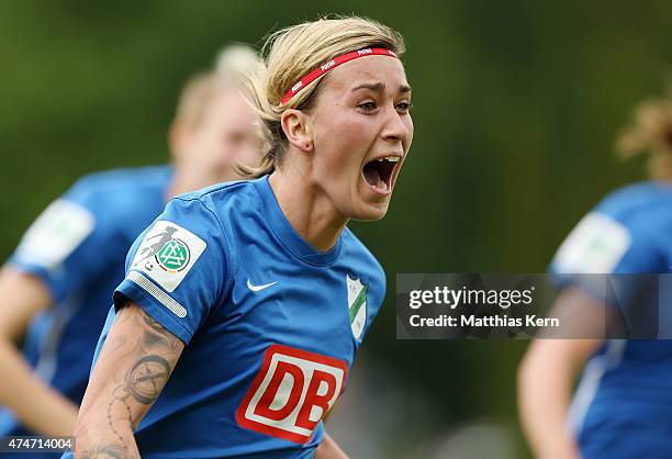 Erika Szuh of Luebars jubilates after scoring the third goal during the Women's Second Bundesliga match between FFV Leipzig and 1.FC Luebars at...