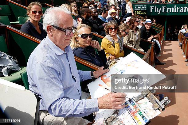 Artist Joel Blanc draws French Tennis player Gilles Simon during his match in the 2015 Roland Garros French Tennis Open - Day 2, on May 25, 2015 in...