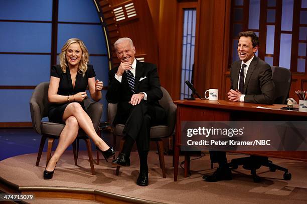 Episode 0001 -- Pictured: Actress Amy Poehler and Vice President Joe Biden during an interview with host Seth Meyers on February 24, 2014 --