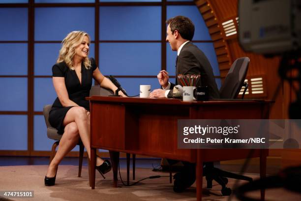 Episode 0001 -- Pictured: Actress Amy Poehler during an interview with host Seth Meyers on February 24, 2014 --