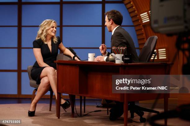 Episode 0001 -- Pictured: Actress Amy Poehler during an interview with host Seth Meyers on February 24, 2014 --