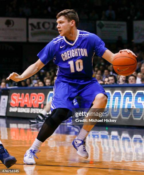 Grant Gibbs of the Creighton Bluejays dribbles the ball against the Butler Bulldogs at Hinkle Fieldhouse on February 13, 2014 in Indianapolis,...