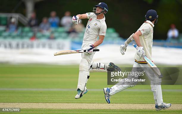 Durham batsman Scott Borthwick celebrates after reaching his century during day two of the LV County Championship division one match between...