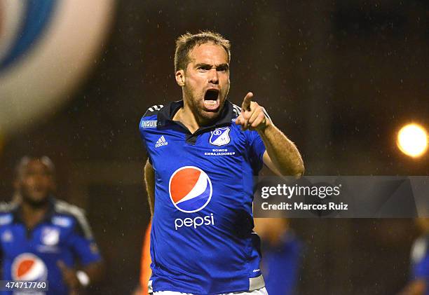 Federico Insua of Millonarios celebrates after scoring the first goal of his team during a second leg match between Envigado and Millonarios as part...