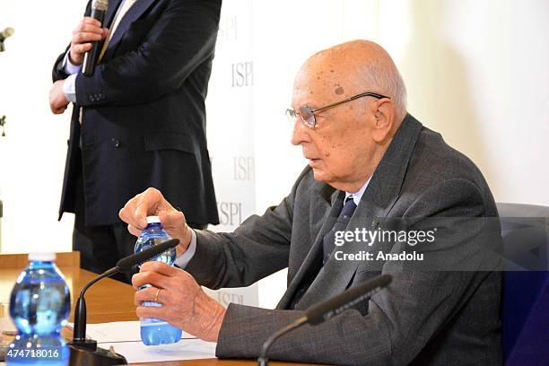Former Italian President Giorgio Napolitano attends a press conference before European Union Foreign Policy chief Federica Mogherini being awarded...