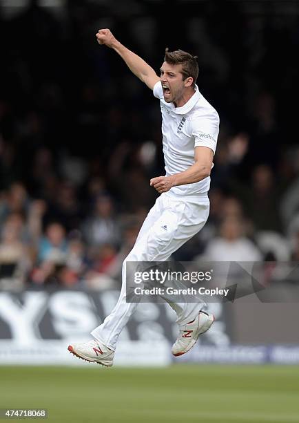 Mark Wood of England celebrates dismissing BJ Watling of New Zealand during day five of 1st Investec Test match between England and New Zealand at...