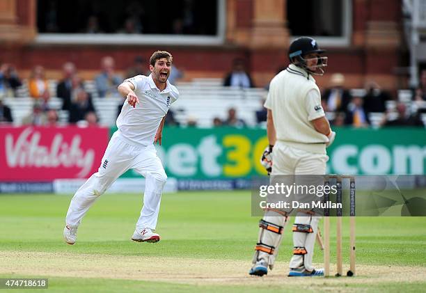 Mark Wood of England celebrates taking the wicket of BJ Watling of New Zealand during day five of the 1st Investec Test Match between England and New...